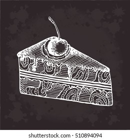 Vector Graphics Vintage illustration by hand drawn cake on doodle sketch style. Object pie isolated. For design, wallpaper, logo, icon, menu, restaurant, cafe, kitchen, birthday,holiday. Eps 10.