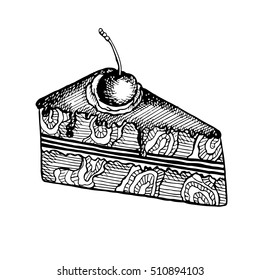 Vector Graphics Vintage illustration by hand drawn cake on doodle sketch style. Object pie isolated. For design, wallpaper, logo, icon, menu, restaurant, cafe, kitchen, birthday,holiday. Eps 10.