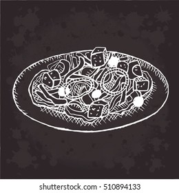 Vector Graphics Vintage illustration by hand drawn salad on doodle sketch style on white. Object isolated. For design, wallpaper, logo, icon, menu, restaurant, cafe, kitchen,birthday, holiday. Eps 10.