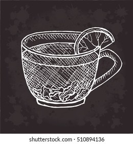 Vector Graphics Vintage illustration by hand drawn tea on doodle sketch style on black. Object isolated. For design, wallpaper, logo, icon, menu, restaurant, cafe, kitchen, birthday, holiday. Eps 10.