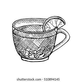 Vector Graphics Vintage illustration by hand drawn tea on doodle sketch style on white. Object isolated. For design, wallpaper, logo, icon, menu, restaurant, cafe, kitchen, birthday, holiday. Eps 10.