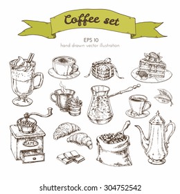 Vector Graphics Vintage illustration drawn by hand for the cafe menu. set with different types of coffee grinders, Turks, coffee beans, chocolate, biscuits, coffee pot