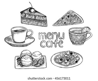 Vector Graphics Vintage illustration drawn by hand drawn for the cafe menu, restaurant, bar, kitchen. Set with different object of cake,coffee, tea, pizza, salad, ice cream.Doodle sketch style. Eps 10