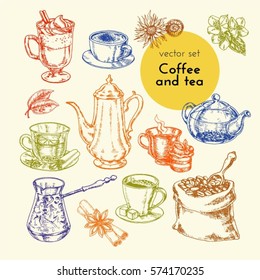 Vector Graphics Vintage illustration drawn by hand for the cafe menu. set with coffee grinders, Turks, coffee beans,coffee pot, with different kinds of tea, coffee, spices and Tea kettles