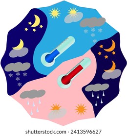 Vector graphics. Weather forecast icon. Two thermometers show the temperature day and night in the cold season and in the warm season.
