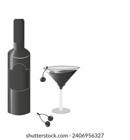 Vector graphics.On a white background, a bottle of wine and a glass with wine and cherries in black and white.