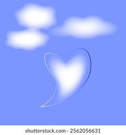 Vector graphics. White clouds and a cloud in the shape of a heart on a blue background.