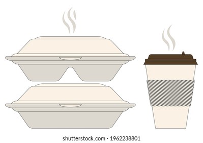 Vector graphics - white disposable containers with hot food and a glass with a lid with a drink isolated close-up. Concept-takeaway food