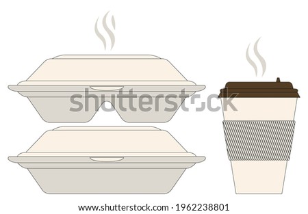 Vector graphics - white disposable containers with hot food and a glass with a lid with a drink isolated close-up. Concept-takeaway food Foto stock © 