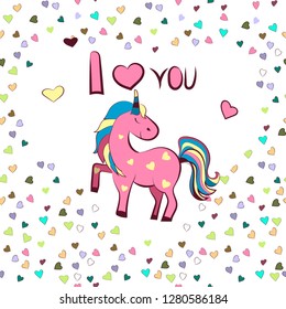 Vector graphics. White heart-shaped frame with the inscription I love you and unicorn . Illustration for Valentine s Day.