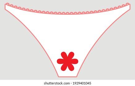 Vektorgrafiken - weiße Frauenhosen mit rosafarbenem Fell und roter Blume in der Mitte, Nahaufnahme und Kopienraum. Menstruation und Gesundheit von Frauen