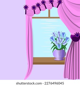 Vector graphics. Window decoration. There is a bouquet of tulips on the windowsill. The window is covered with a beautiful pink curtain with pleats and beautiful holders in the form of bright stars.