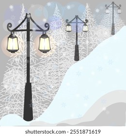 Vector graphics. Winter city park. Snow is falling. Snow-covered trees stand and lanterns burn on the poles.