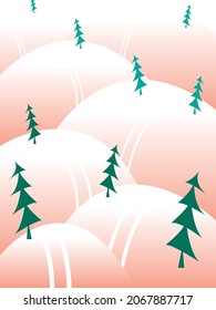 Vector graphics - winter landscape with snowy hills and a ski track among green Christmas trees of trendy colors. Concept - seasonal outdoor activities and lifestyle