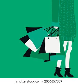 Vector graphics - a woman in casual clothes holds in her hand a lot of shopping bags on a green background and space for copying. Concept fashionista and buyer