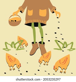 Vector graphics - a woman with a hidden face in casual clothes pours grains on the ground, and four chickens peck them with their beaks. Concept farming and agriculture