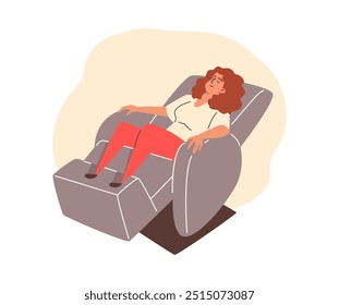 Vector graphics of a woman lying comfortably in a relaxation chair with an electric massager represent a modern furniture design for a cozy home environment.