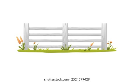 Vector graphics of a wooden white-painted fence surrounded by flowers and green grass. The relief texture of the tree creates a sense of rustic terrain.