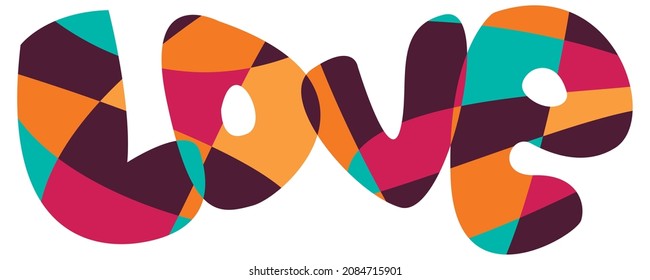 Vector graphics - the word love in English in a beautiful unique font with multicolored spots of trendy colors isolated on a white background