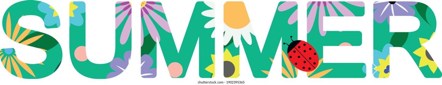 Vector graphics - the word summer and letters with bright colors and a green background and a cowbird. The concept season.