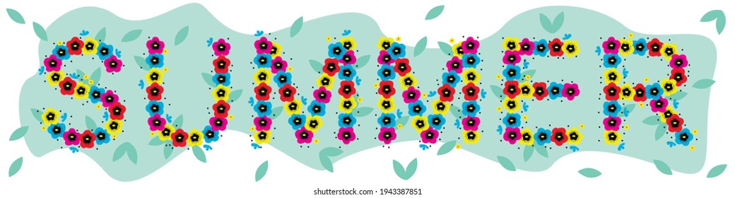 Vector graphics - the word summer written in colorful bright flowers isolated on a pastel mint background with green leaves