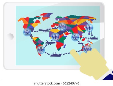 Vector graphics world map and hand and tablet Isolate on white.The concept of income from shipping.