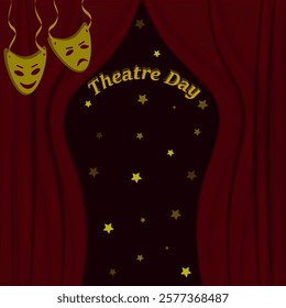 Vector graphics. World Theatre Day. Red theatre curtain and two masks of tragedy and comedy.