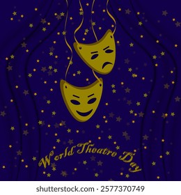 Vector graphics. World Theatre Day. Blue theatre curtain, confetti and two masks of tragedy and comedy.