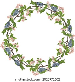 Gráficos vectoriales. Corona de ramas florecientes de cerezo y pájaros. Delicados colores pastel.