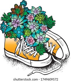 Gráficos vectoriales. Las zapatillas amarillas de las que crecen flores coloridas. Ilustración. Dibujo