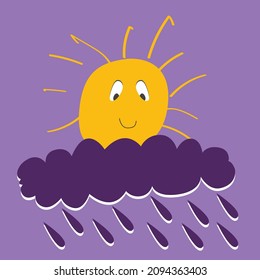 Vector graphics - a yellow sun with rays smiles hiding behind a cloud with raindrops on a lilac sky isolated. Concept weather forecast