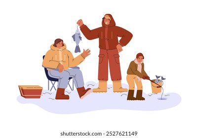 Vector graphics with a young family sitting on the shore of a frozen lake and fishing with a fishing rod surrounded by snow on a white background