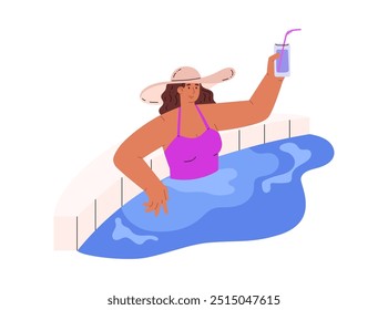 Vector graphics of a young girl in a hat and swimsuit with a drink in her hands standing in the pool. The image reflects the essence of a summer relaxing holiday