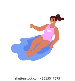 Vector graphics with a young girl in a swimsuit jumping from a height into the water on a white background for outdoor activities in the pool or water park