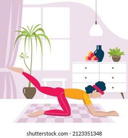 Vector graphics - a young woman is engaged in fitness - kneeling makes swings with her feet in her room against the background of a window and indoor plants. Concept - healthy lifestyle