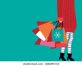 Vector graphics - a young woman in a knitted sweater and boots with a hidden face carries a lot of colorful bags and bags in her hands and space for copying. Concept - Christmas sales, and gift buying