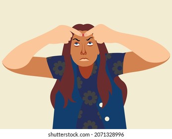 Vector graphics - a young woman looks with indignation in close-up and squeezes out an unexpectedly appeared pimple on her face with her fingers. Concept - healthy clean skin