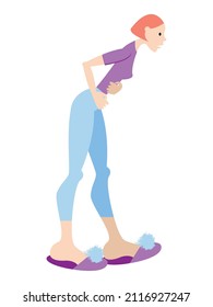 Vector graphics - a young woman stands bent over and holds her hands to her stomach isolated. Concept - pain during menstruation