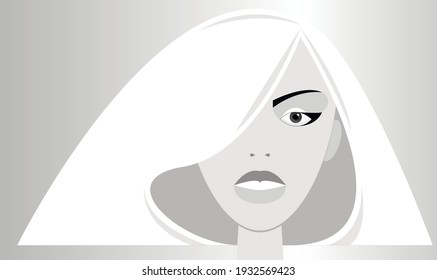 Vector graphics-a close-up portrait of a beautiful female blonde model with a square hairstyle and professional stylish makeup in black and white. Concept - beauty of hair and face in the salon