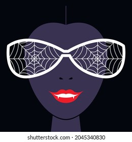 Vector graphics-a close-up portrait of a vampire with gray skin and black hair wearing glasses with cobwebs and fangs. Halloween Concept