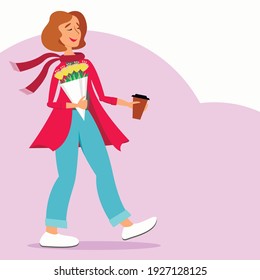 Vector graphics-a cute happy young woman in a pink cardigan wearing a scarf with a bouquet of flowers and coffee walks forward and smiles isolated. Festive concert-Women's Day