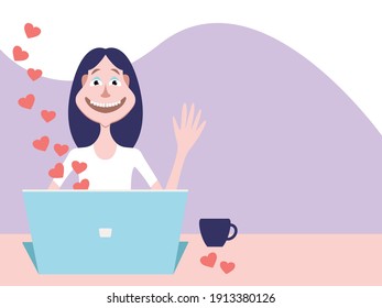 Gráficos vectoriales: una popular y sonriente blogger saluda a sus seguidores frente a una laptop durante una transmisión de video, desde donde salen los "me gusta" de los corazones y el espacio para copiar. Concepto - Día de San Valentín