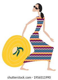Vector graphics-a pretty young woman in sunglasses and a long striped dress sneaks and looks around with a wide-brimmed straw hat in her hands isolated. Concept-beauty and fashion