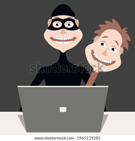 Vector graphics-a rogue hacker in a black hat and mask pretends to be a decent person sitting at a laptop. Concept - Internet security