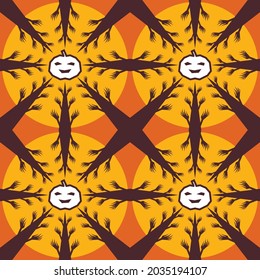 Vector graphics-a seamless pattern of trending autumn flowers with a pumpkin and silhouettes of trees on an orange background. Concept holiday Halloween
