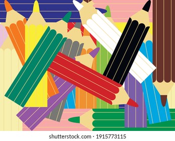 Vector graphics-a set of bright colored pencils randomly scattered on the background. Concept-fine art