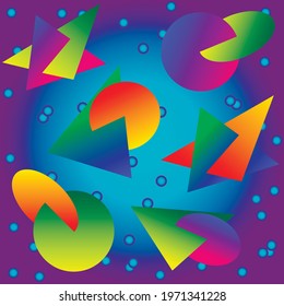 Vector graphics-a trending asymmetrical geometric pattern with intersecting triangles and circles on a gradient background with a 3D effect