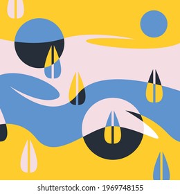 Vector graphics-abstract chaotic background with geometric shapes-curved lines, drops and circles of the trending color palette 2021