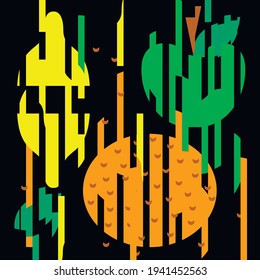 Vector graphics-abstract composition - orange, lemon and apple falling into straight lines on a black background