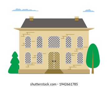 Vector graphics-an old stone mansion with arched windows and a door with a beautiful lattice and trees with clouds isolated. Concept property